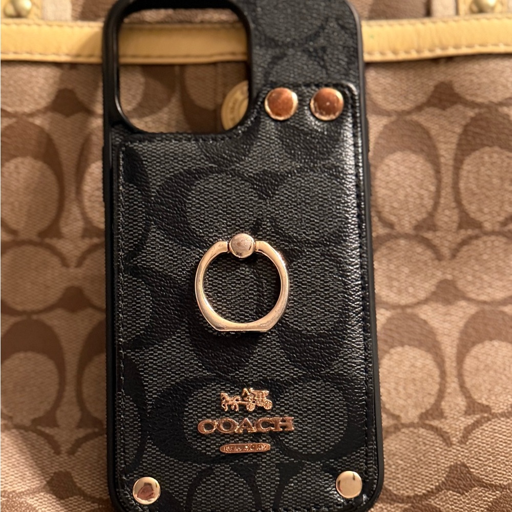 Coach Black Phone Case with Gold Details IP 14 pro max